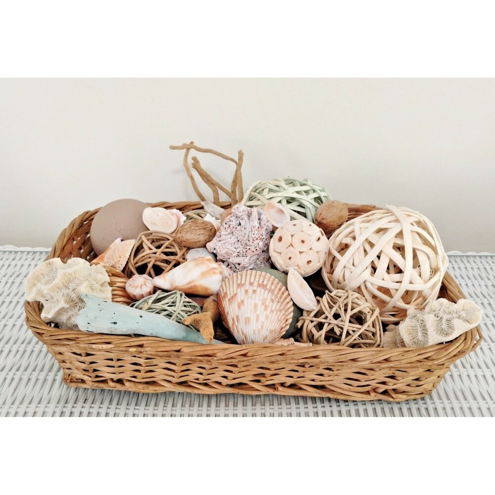 Coastal Wicker Basket Lot Shells Wicker Balls Decor Set Natural & Light Teal 13"